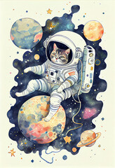 Adorable Cat Astronaut in Colorful Illustration. Generative ai