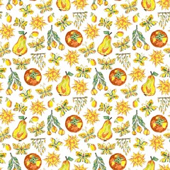 Seamless pattern with persimmons, pears and butterflies