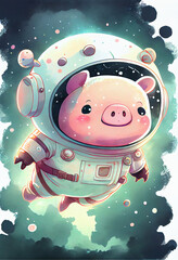 Adorable Pig Astronaut in Colorful Illustration. Generative ai