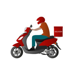 Fototapeta na wymiar Food delivery man or courier is riding red scooter. Motor bike. Colorful illustration.