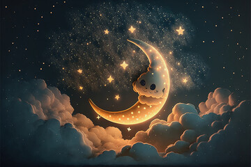 Obraz na płótnie Canvas child illustration by midjourney ai generated with a moon on a night sky