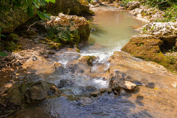 mountain river, sources in the canyon of the stone bed, panorama of the area,