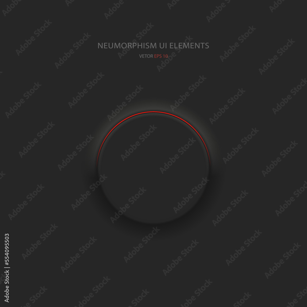 Poster round black button in neumorphic style with red backlight. user interface design elements. vector il
