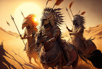 With spears and lances, a group of heavy cavalry in plate armor charges into the fray. They wear helmets shaped like crowns and have shields with the sun's symbol against a backdrop of a dusty, blazin - obrazy, fototapety, plakaty