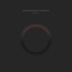 Round black button in Neumorphic style with red backlight. User interface design elements. Vector illustration.