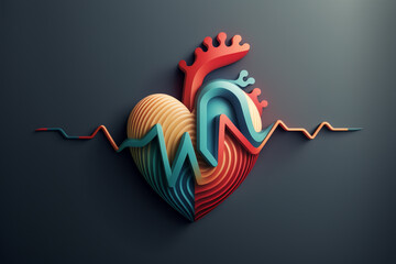 paper art style illustration  of heart and heart pulse graph, idea for medical theme 