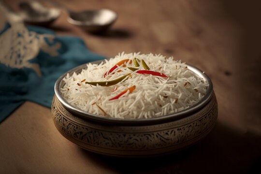 illustration of cooked Basmati rice with herb, Indian long and slender grain rice