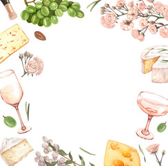 Watercolor wine and cheese template. Hand draw background with food objects. White wine bottle and glass, green grapes, cheese. Concept for wine list, label, banner, menu, flyer, brochure
