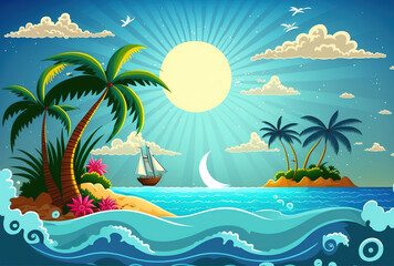 Fototapeta na wymiar Ocean and a tropical scene with sun cartoons. Generative AI