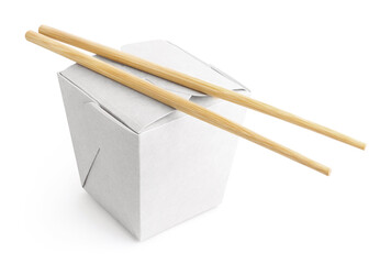 Wok carton box with wooden chopsticks, isolated on white background