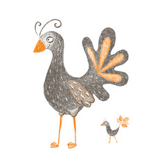 A funny adult bird and a chick that imitates him, adding autumn leaves to its tail. Isolated vector image.