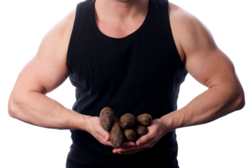 Strong, fit, muscular man holding beetroot in front of him. Man is facing camera. He is flexing his muscles. Transparent PNG