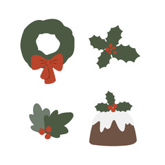 Christmas illustration clipart, Winter scene creator clipart, cat, dog, book, snowman, letter, pie, hat, mitten, sock, gift, sweater, lollipop, mistletoe, snow globe in flat style