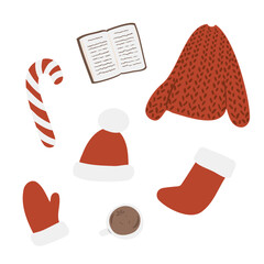 Christmas illustration clipart, Winter scene creator clipart, cat, dog, book, snowman, letter, pie, hat, mitten, sock, gift, sweater, lollipop, mistletoe, snow globe in flat style