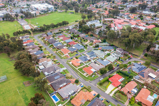 Drone aerial photograph of houses and roads in the suburb of Glenmore Park in New South Wales in Australia