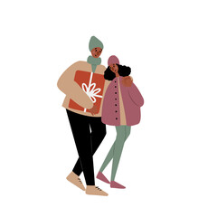 People on winter market vector illustration in flat style, girl, guy, couple, family, men, woman, child, elderly people, old people, parents, children in Christmas city clipart