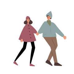 People on winter market vector illustration in flat style, girl, guy, couple, family, men, woman, child, elderly people, old people, parents, children in Christmas city clipart