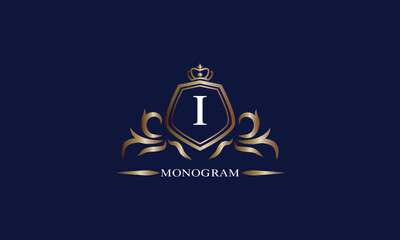 Gold luxury initial I logo. Elegant vector initial letter monogram design as emblem, business sign