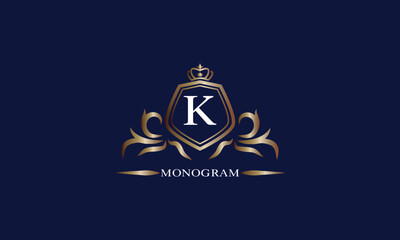 Gold luxury initial K logo. Elegant vector initial letter monogram design as emblem, business sign