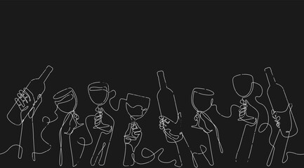 Background with bottles and glasses. Horizontal repeating seamless pattern with drinks. Party poster. Vector illustration.