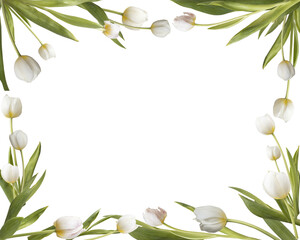 Frame with white tulips isolated on white background.