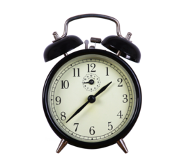 old fashioned black and white traditional alarm clock on transparent background.