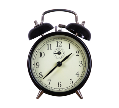 old fashioned black and white traditional alarm clock on transparent background.