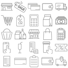 Set icons for retail, grocery, restaurant food delivery concepts.