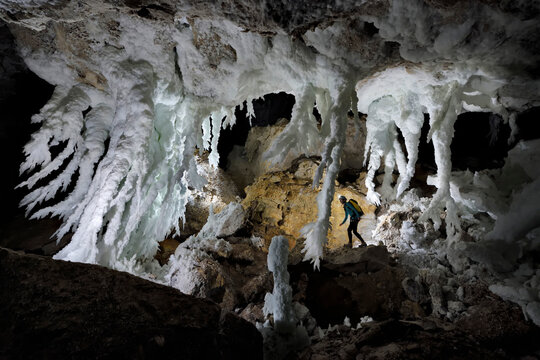 A Scientist Admires Gypsum Chandeliers Inside Lechuguilla Cave.