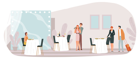 Restaurant concept, cafe people, drink swallow interior, sitting man, rest young, design, in cartoon style vector illustration.