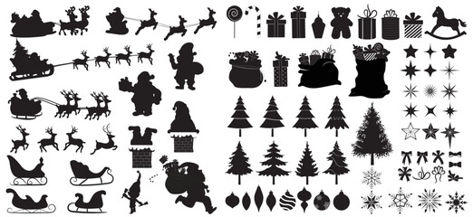 Christmas Vector black silhouette set, isolated decoration icons. Santa Claus with reindeer sleigh, trees, ornaments, presents, candy and toys and other elements. © Shiraufa