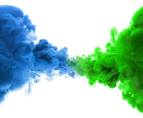 Ink blue, green color smoke wave blot on Png transparent Abstract background.