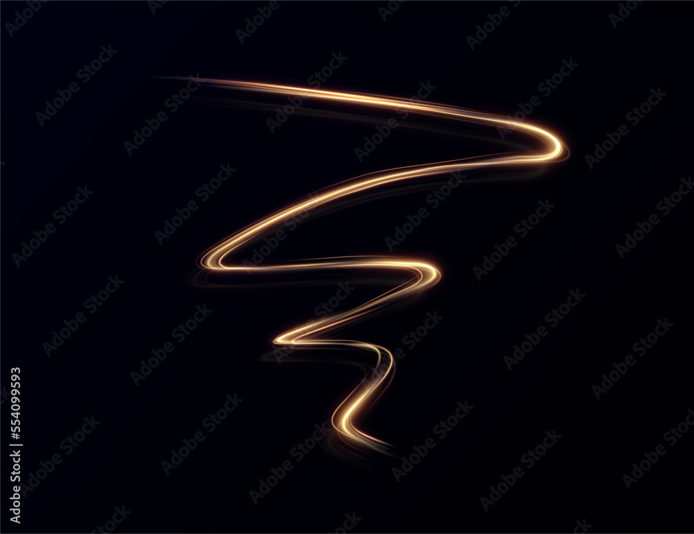 Wall mural Light golden Twirl. Curve light effect of golden line. Element for your design, advertising, postcards, invitations, screensavers, websites, games. Festive light tree for the new year 2023.	
