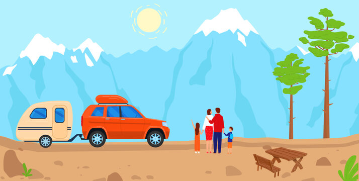 Tourism mountain, family vacation, summer travel landscape, temper people, design, in cartoon style vector illustration.