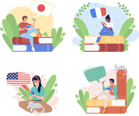 Exciting about learning language 2D raster isolated illustration set. Flat characters on cartoon background. Colourful scene collection for mobile, website