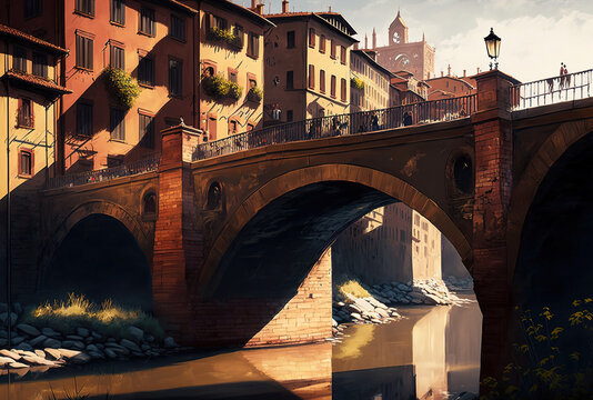 Old bridge in Pamplona, Navarre, across the Arga River. Generative AI