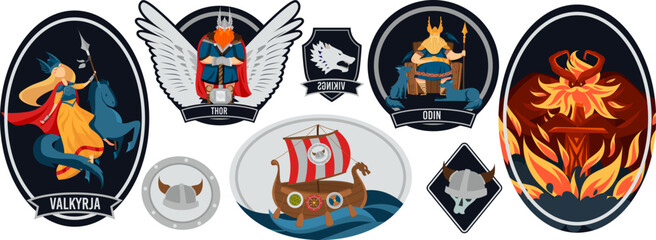 Viking history, warrior symbol, barbarian shield, scandinavian medieval badge, design, cartoon style vector illustration. odin, tor, valkiria, oden