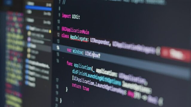 Coding UX UI script text on screen, HTML5 in editor for website development, Close up Macro of Programming code software developer. 