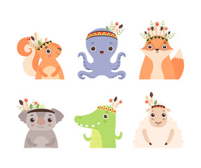 Fototapeta na wymiar Funny Animals with Indian Feathers and Tribal Band on Their Head Vector Set