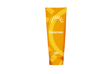 sunscreen in a yellow jar with a painted sun and inscriptions on a white background isolated