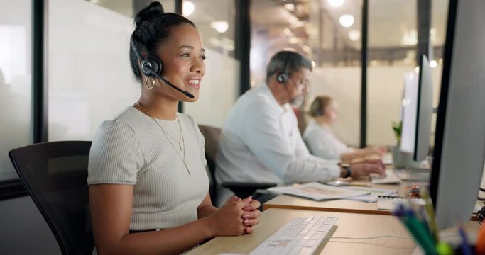 Contact us, telemarketing and crm, black woman in customer service with headset and smile on face. Happy to help, call center agent or sales consultant on phone call, support and consulting online.