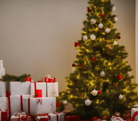 Christmas fir tree indoors with some gifts under it, generative ai