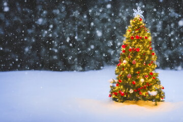 Fototapeta na wymiar Realistic illustration of decorated fir tree under snow, using generative ai