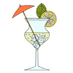 A fresh cocktail with a slice of lemon, a mint leaf, pieces of ice and a small umbrella.	Hand Drawn. Freehand drawing. Doodle. Sketch. Outline.	