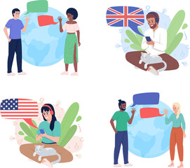 Tandem language learning 2D raster isolated illustration set. Flat characters on cartoon background. Colourful scene collection for website, presentation