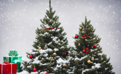 Obraz premium Realistic illustration of decorated fir tree under snow, using generative ai