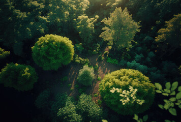 Drone overhead footage of a lush, gorgeous woodland in the afternoon light. Generative AI