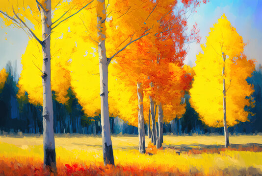 Autumn trees painted in vibrant color in an oil scene. Image of a woodland with aspen trees with yellow and red leaves that is semi abstract. Autumn, fall season backdrop in nature. Impressionist coun