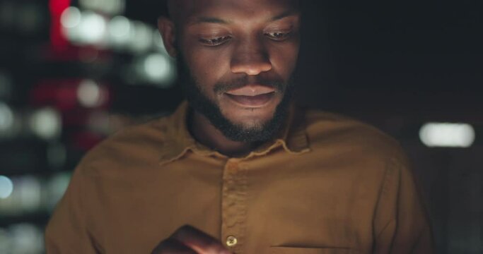 Phone, communication or black man at night in city typing on social media, search online or networking. Technology, mobile or man with smartphone for social network, blog review post or 5g media app