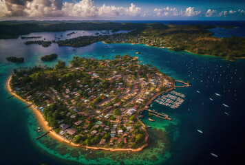 Aerial image of Port Vila, the capital city of Vanuatu, and the harbor with the Iririki resort island. Generative AI - obrazy, fototapety, plakaty
